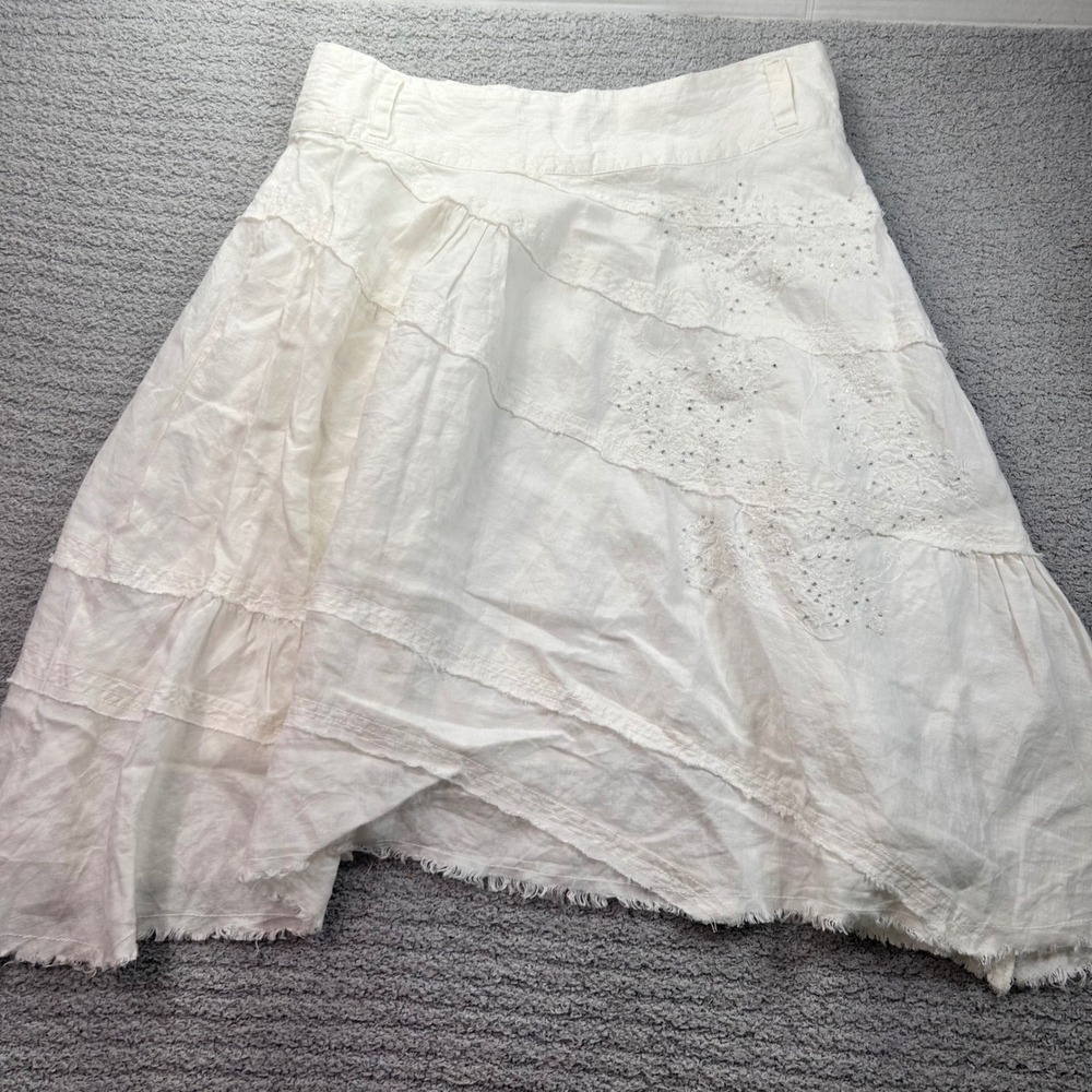 Miss Me 100% Linen Skirt Boho Asymmetric White Medium Y2K Beaded Boho fairy Sz M